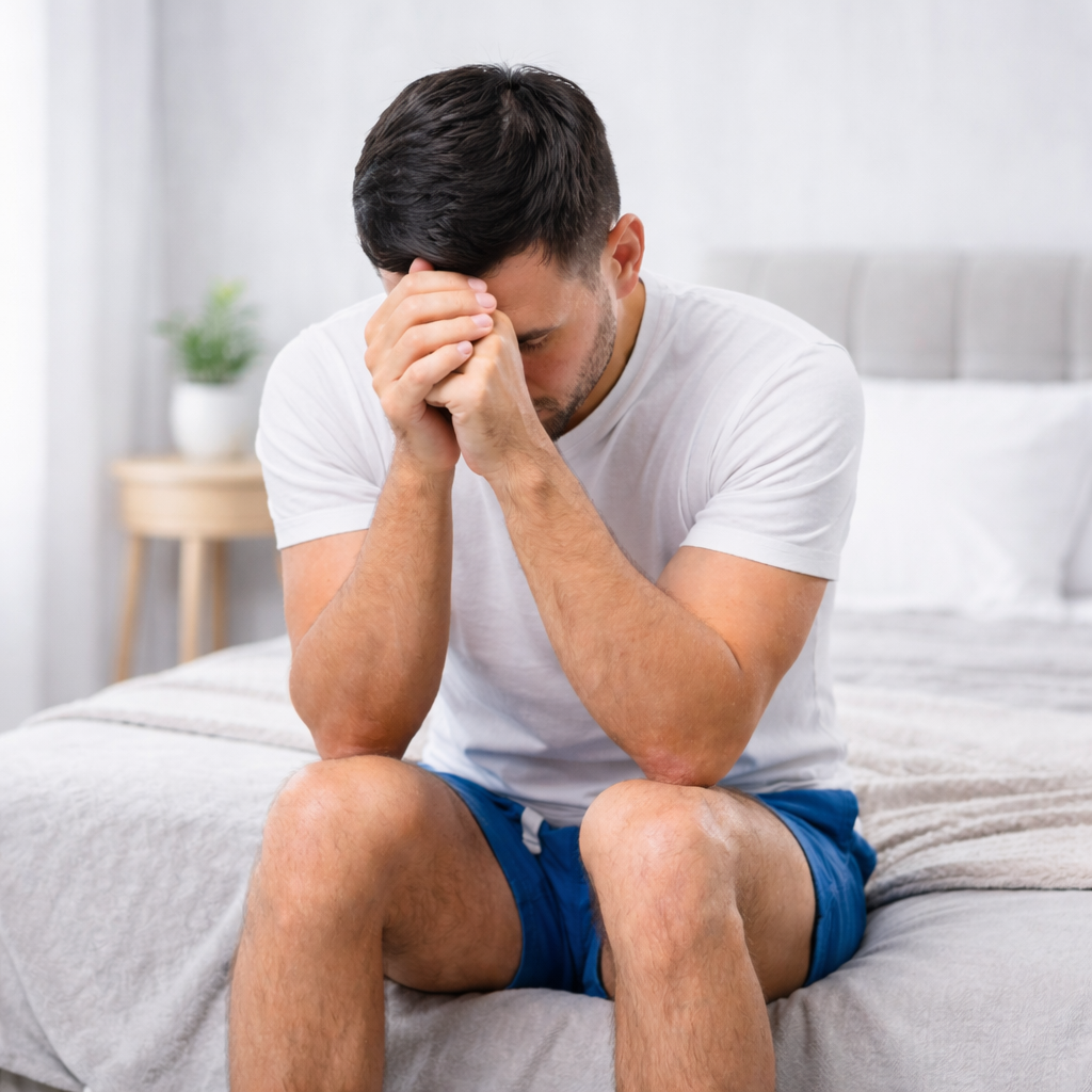 Man sitting on bed holding his lower abdomen, showing discomfort from testicular pain or infertility issues.