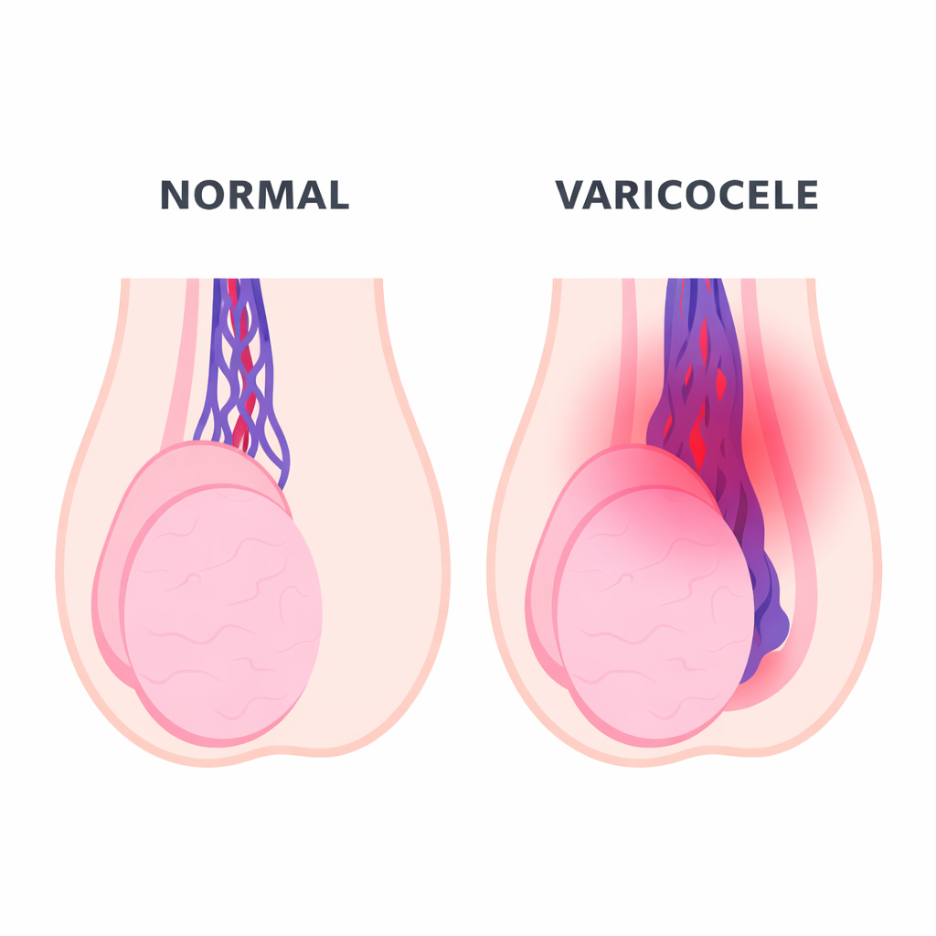 Medical illustration showing a comparison between normal testicular veins and varicocele veins in the scrotum