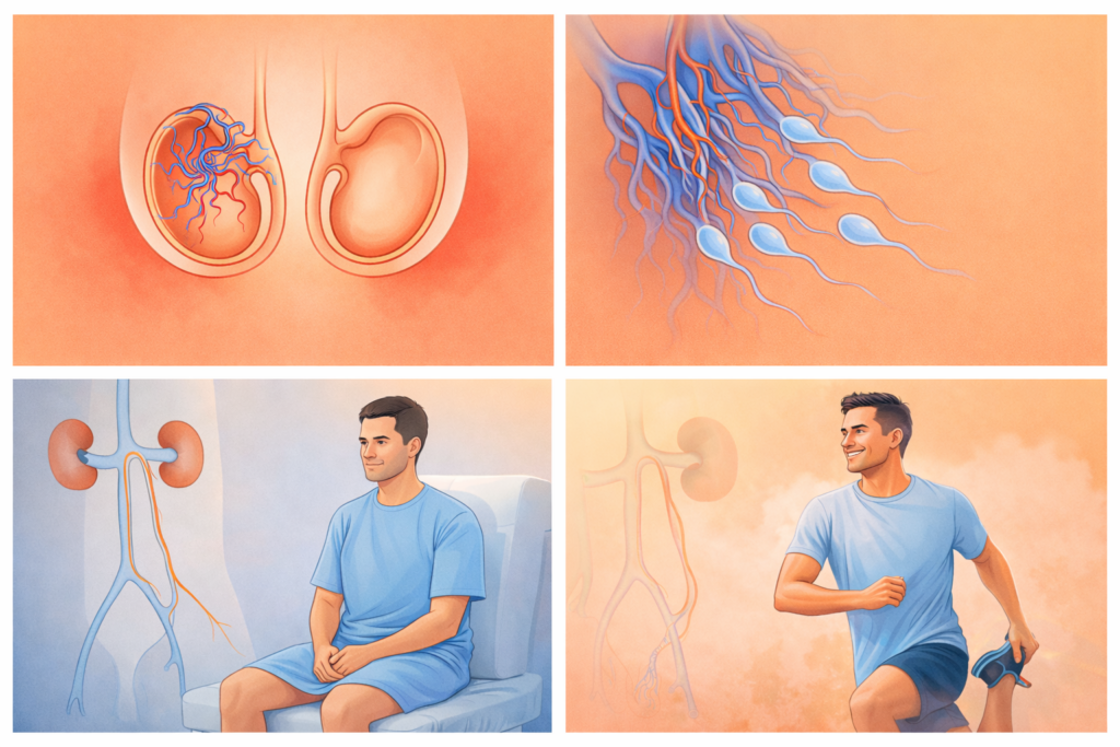 Comparison illustration showing varicocele veins on one testicle and normal veins on the other to explain causes of testicular pain
