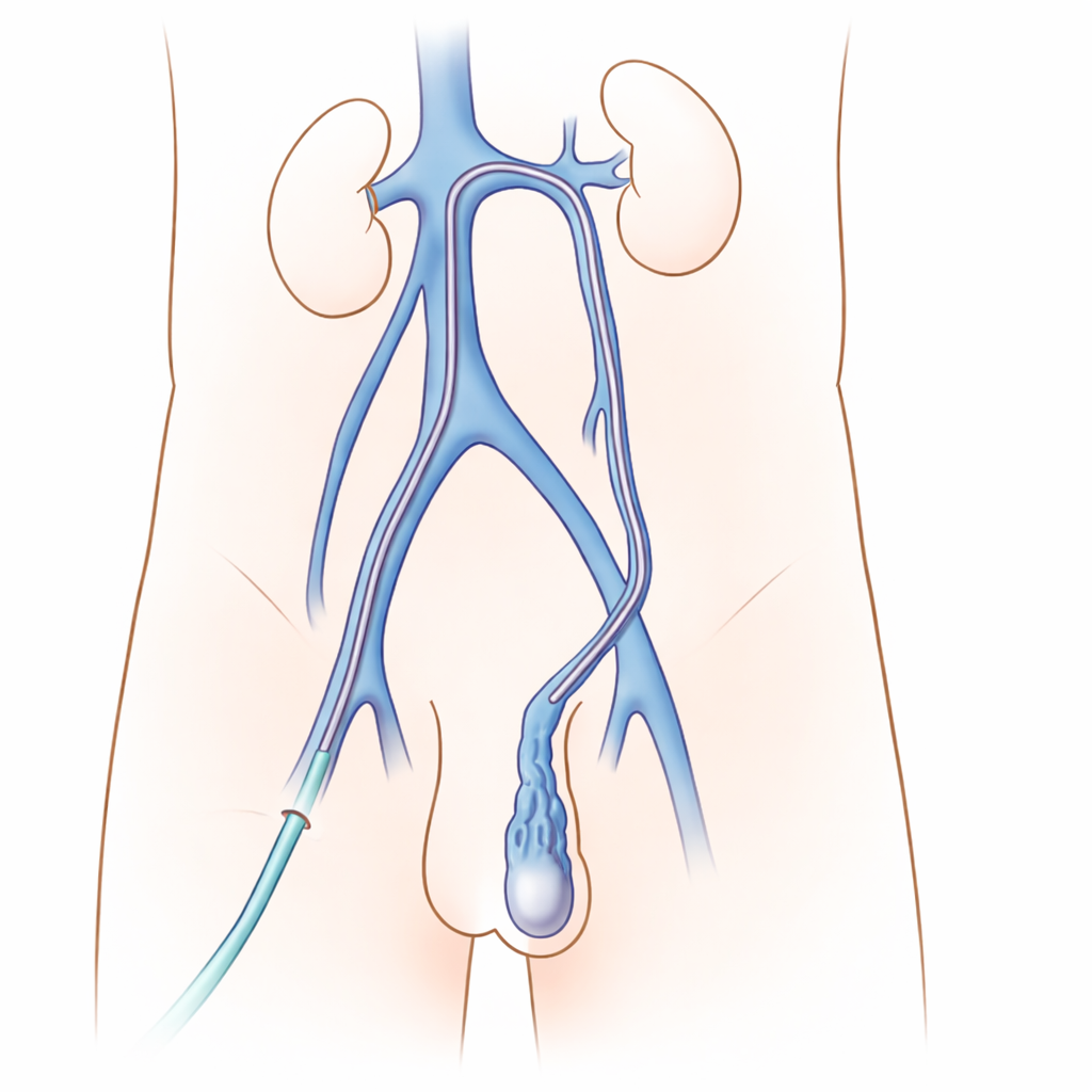 Medical diagram showing varicocele embolization procedure in the testicular veins to treat varicocele and improve male fertility.