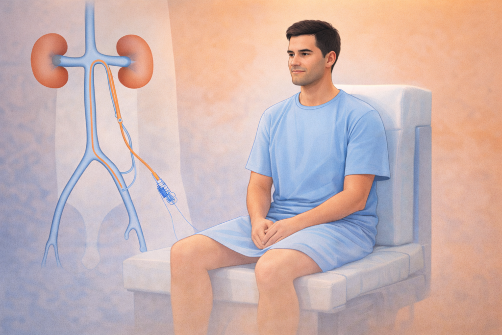 Illustration showing patient preparing for varicocele embolization procedure with catheter pathway highlighted.