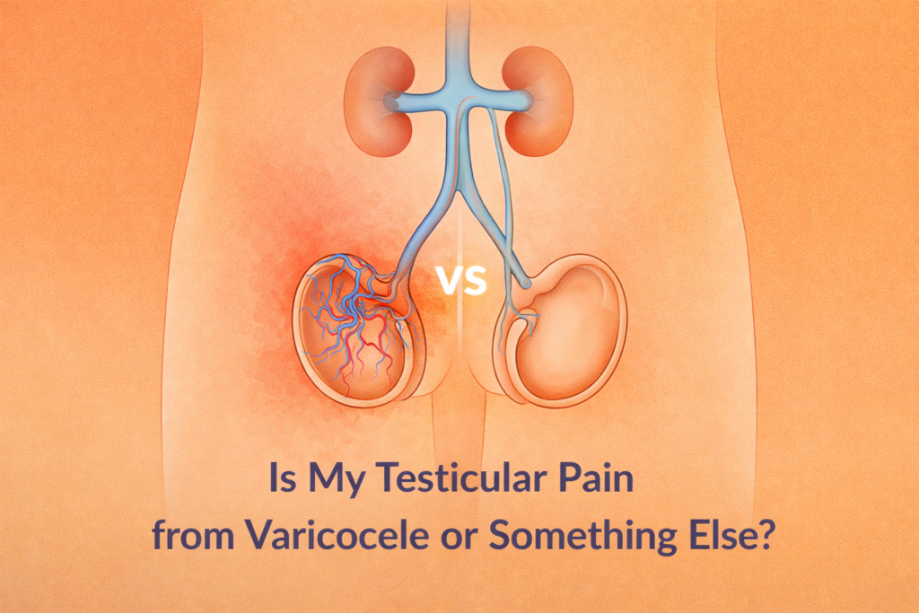 Medical illustration showing link between varicocele veins and reduced sperm count, representing male infertility.