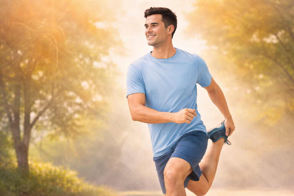 Man stretching outdoors after varicocele embolization treatment, symbolizing pain relief and improved fertility.